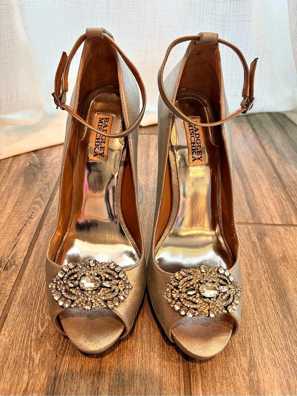 Badgley Mischka Embellished Peep Toe Heels in Silver Metallic